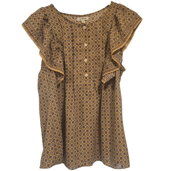 MAX STUDIO Women’s Blouse Top Medium Yellow Geometric Print Ruffle Flutter Boho - Picture 1 of 7